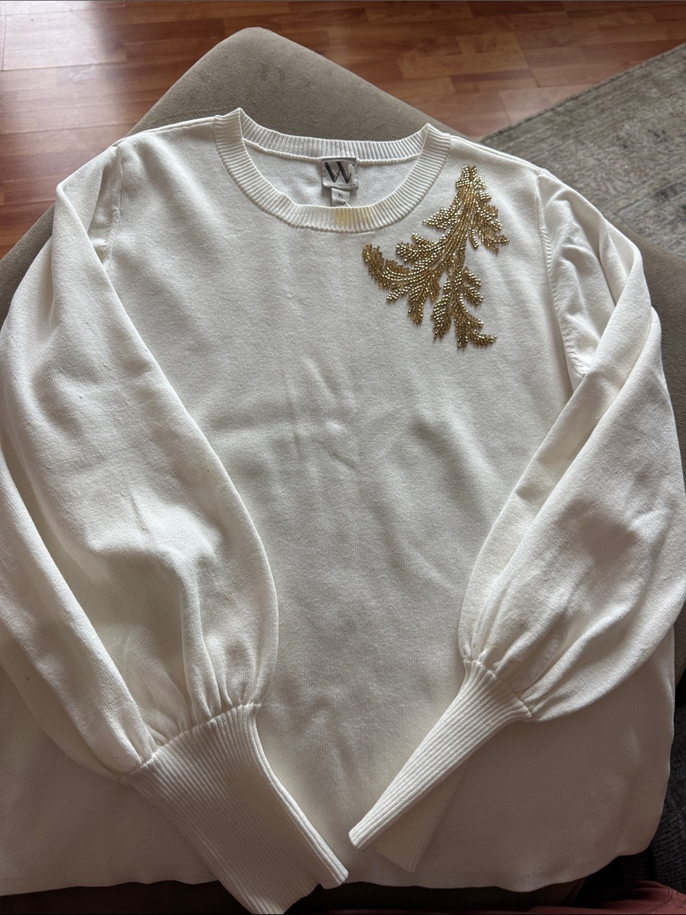 W by Worth Cream Crewneck Sweater with Gold Beaded Leaf Accent
